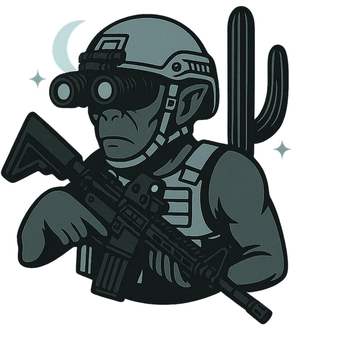 Todd HQ mascot: an alien operator in a tan helmet with night vision, next to a saguaro cactus