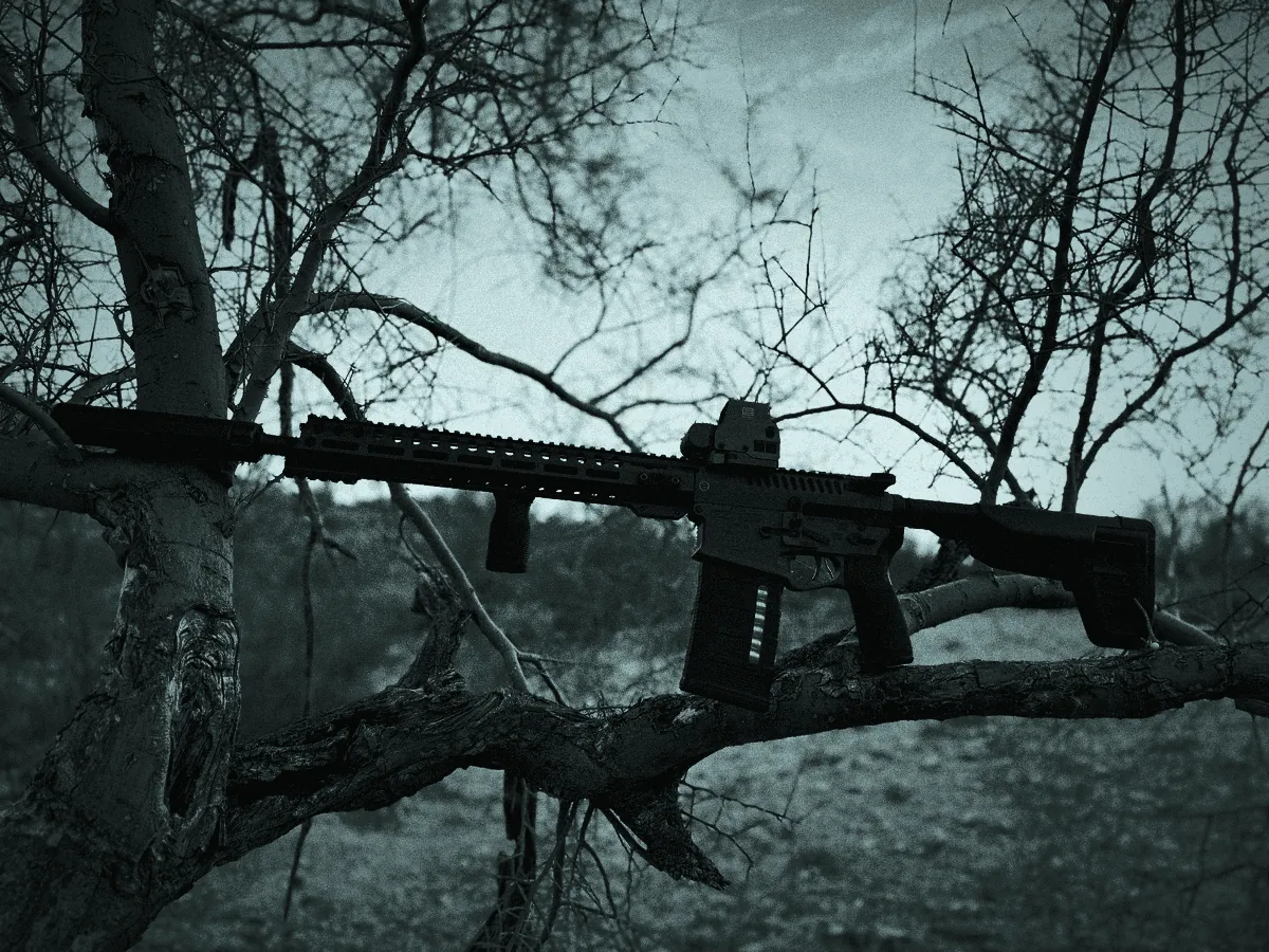Rifle with an optic resting in a tree at sunset